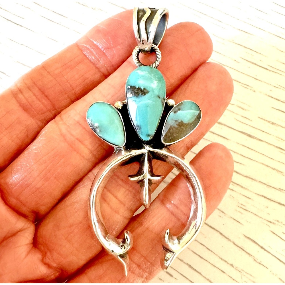 Navajo Naja Pendant Turquoise 2.75in Squash Blossom Sterling Irving Tsosie Crown - Picture 1 of 6